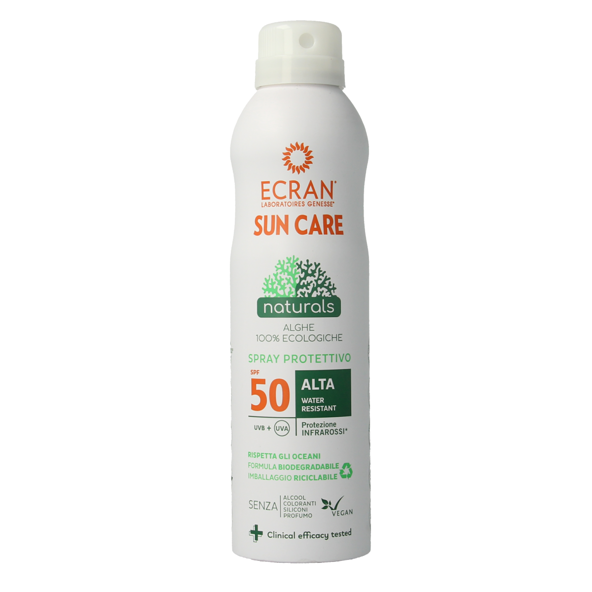 Ecran Sun Care Sunnique Natural SPF50 sunscreen lotion in 250ml bottle, sun protection for skin.