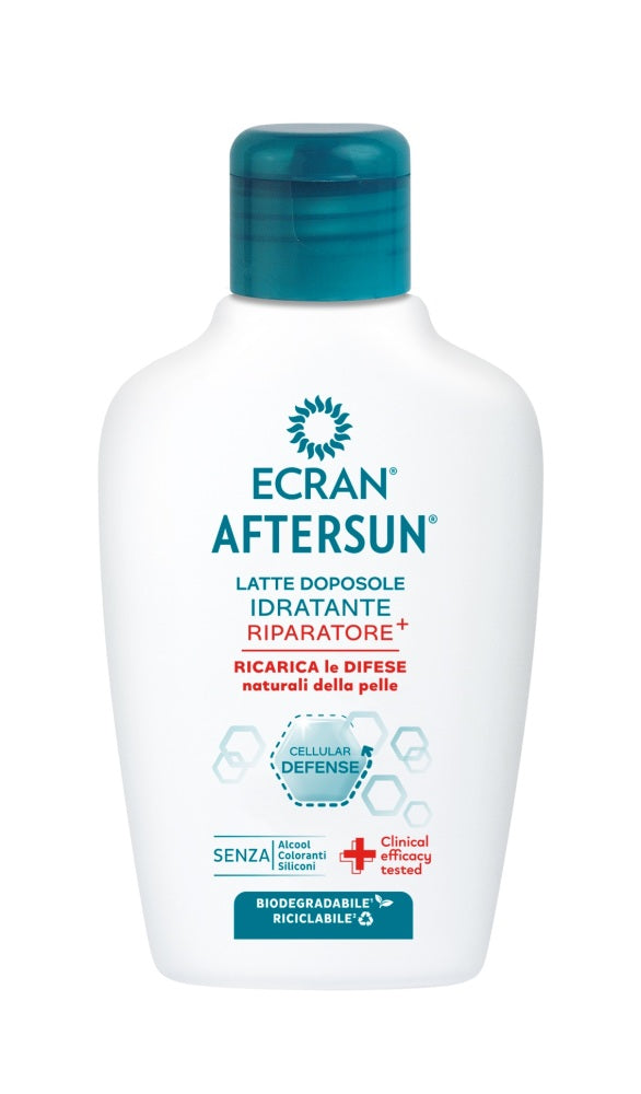 Ecran Aftersun repairing sensitive skin sun lotion, 200ml bottle, designed for soothing and hydrating after sun exposure.