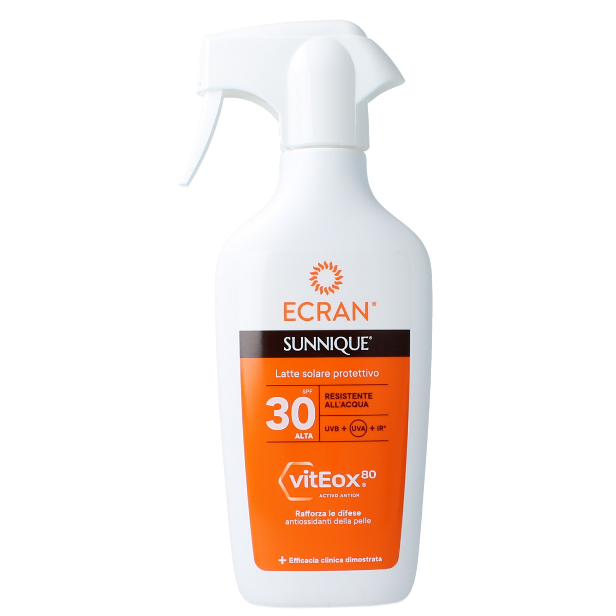 Ecran Sunique trigger SPF30 sun lotion bottle, 270ml, with pump dispenser, for sun protection and skin care.