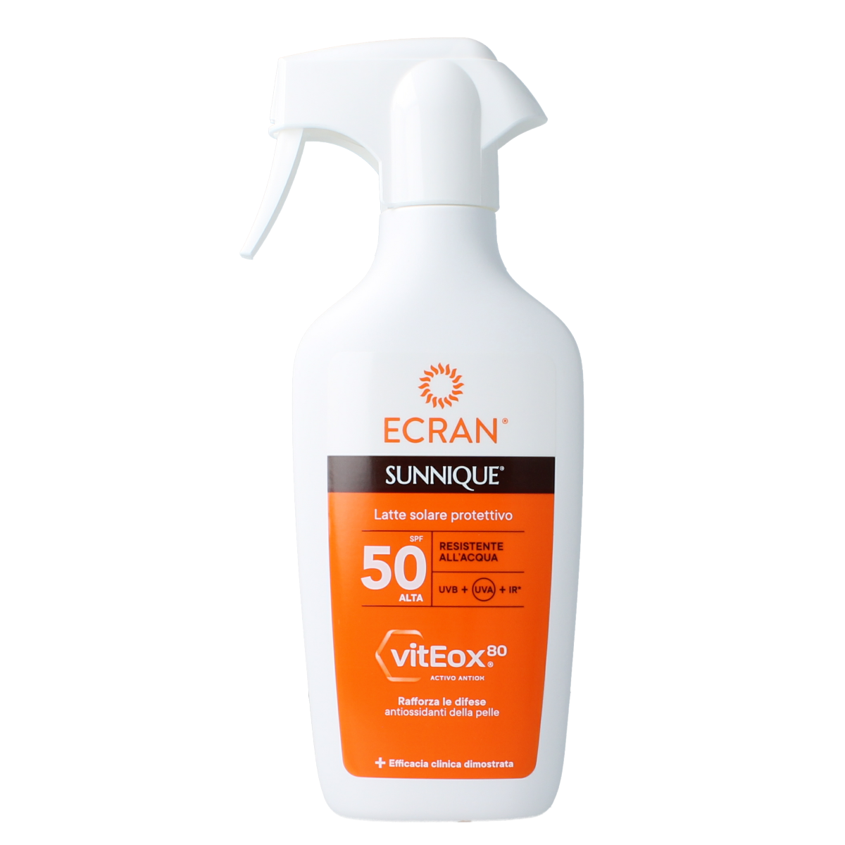 Ecran Sunique Trigger SPF50 solar screen in 270ml bottle, designed for sun protection with a broad-spectrum formula.