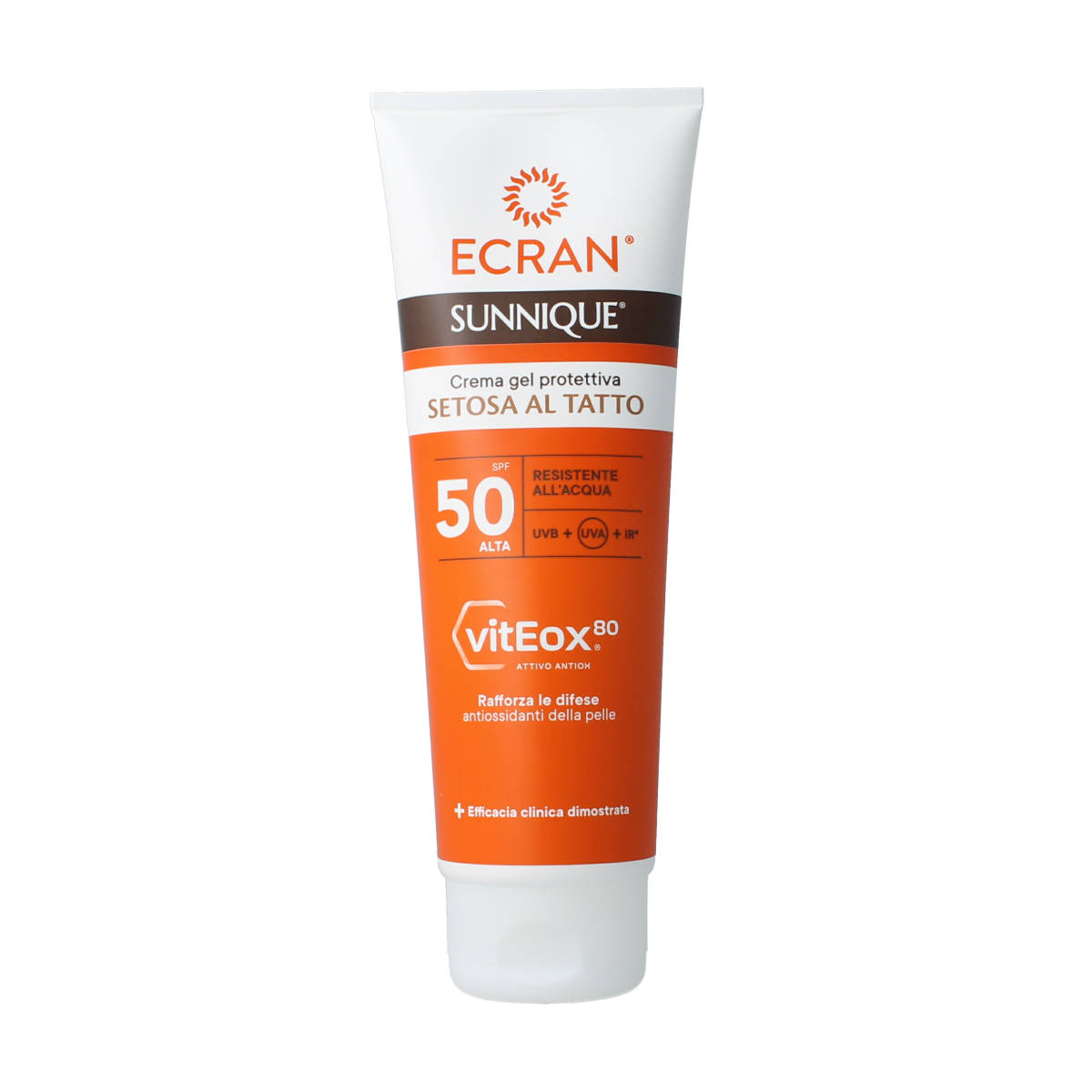 Ecran Sunique gel cream SPF50 solar screen in 250ml tube, sun protection for face and body, smooth gel texture.