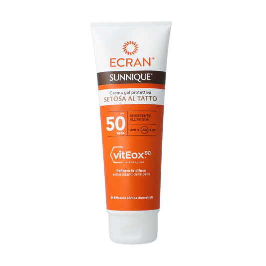 Ecran Sunique gel cream SPF50 solar screen in 250ml tube, sun protection for face and body, smooth gel texture.