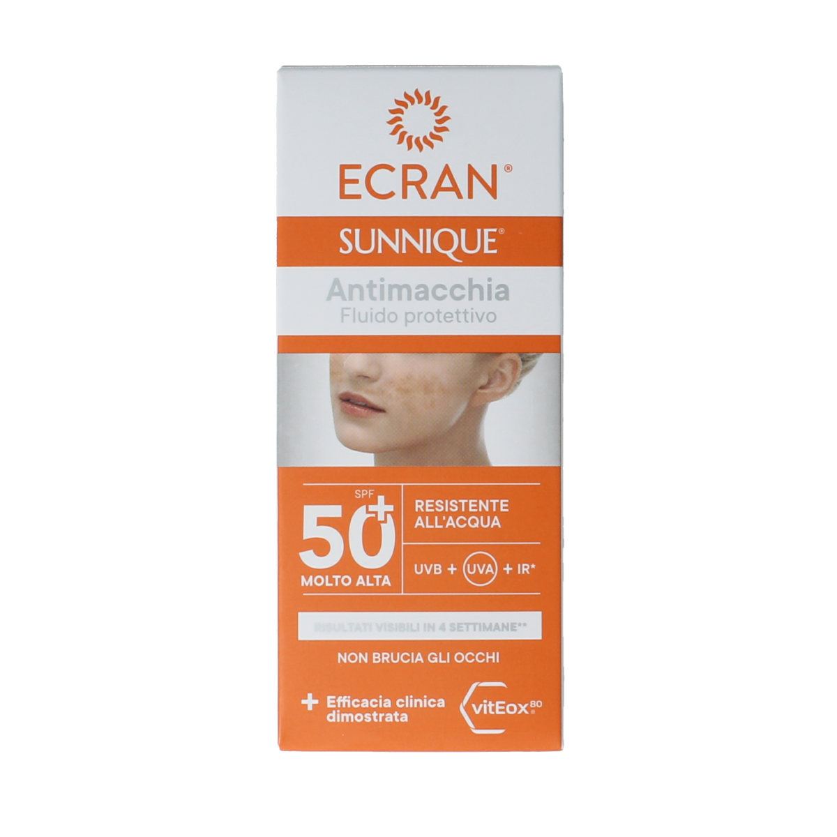 Ecran Sunique facial anti-vlekken SPF50 sun protection cream in 50ml tube, designed for sun protection and skin brightening.