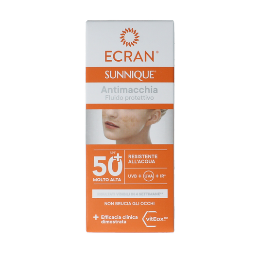 Ecran Sunique facial anti-vlekken SPF50 sun protection cream in 50ml tube, designed for sun protection and skin brightening.
