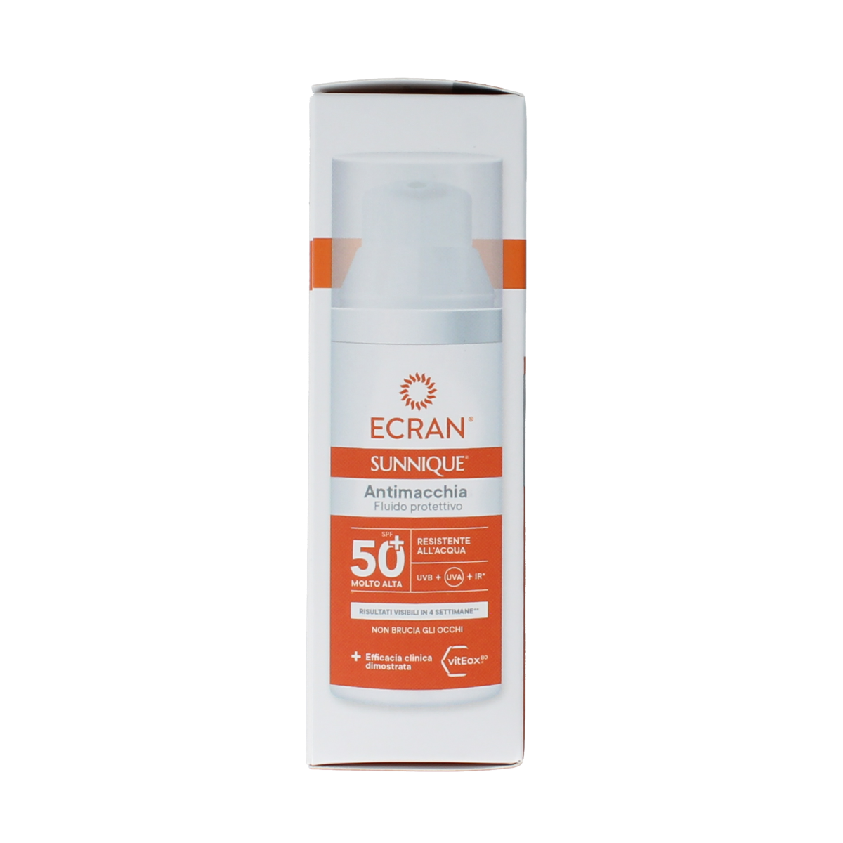 Ecran Sunique facial anti-vlekken SPF50 sunscreen in 50ml bottle, designed for sun protection and skin brightening.