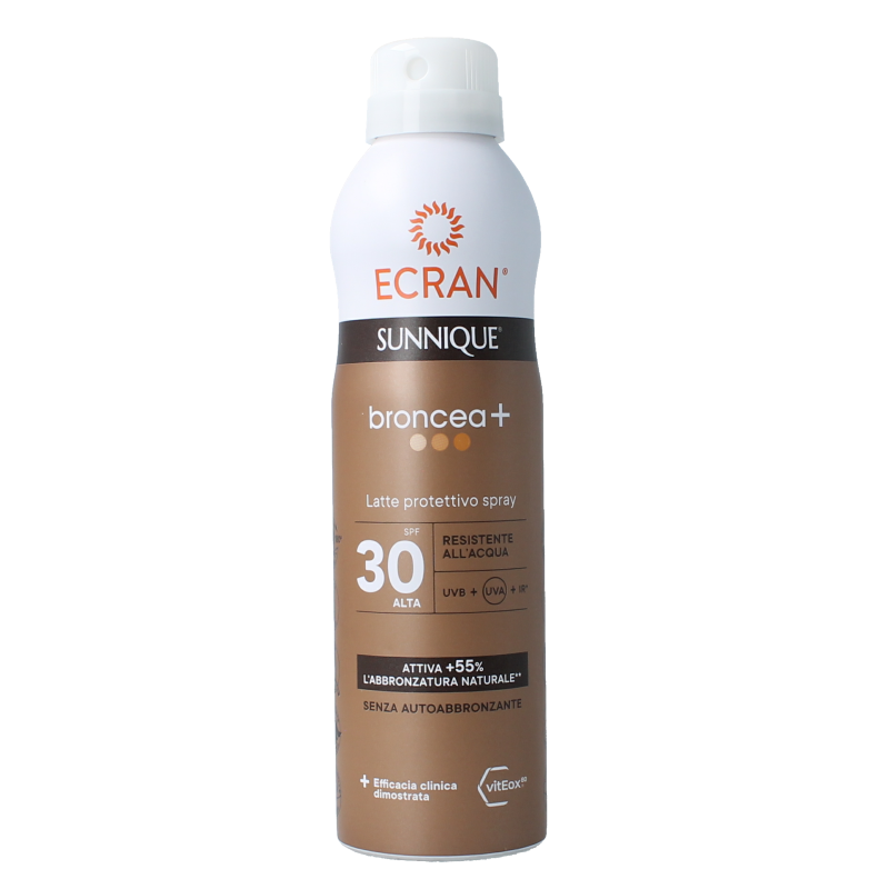 Ecran Broncea Bruma Milk Spray SPF30 sun protection bottle, 250ml, with natural spray nozzle and bronze-colored design.