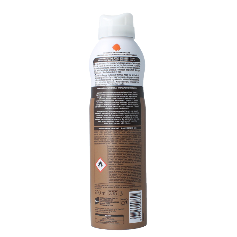 Ecran Broncea Bruma Milk Spray SPF30 sun protection, 250ml, featuring a spray bottle with bronze-colored packaging.