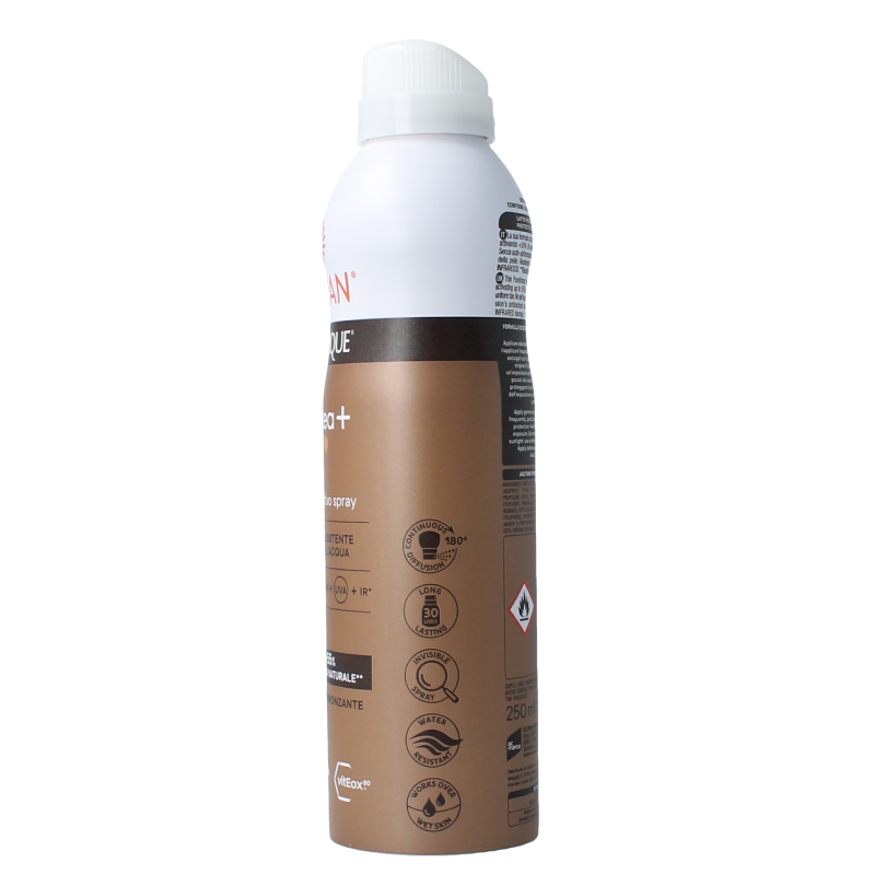 Ecran Broncea Bruma Milk Spray SPF30, 250ml, sun protection spray with bronze tint, in a white bottle with a spray nozzle.