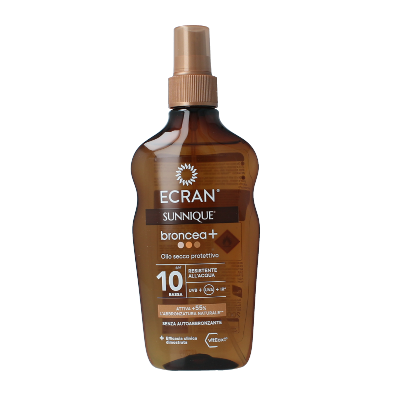 Ecran Broncea Bruma Oil SPF10 sun tanning spray bottle with 200ml, natural bronze skin glow and sun protection.