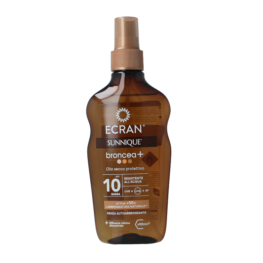 Ecran Broncea Bruma Oil SPF10 sun tanning spray bottle with 200ml, natural bronze skin glow and sun protection.