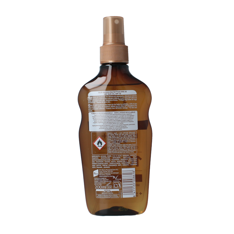 Ecran Broncea bruma oil SPF10 Zonnen bottle, 200ml, featuring golden spray bottle with SPF protection and moisturizing formula.