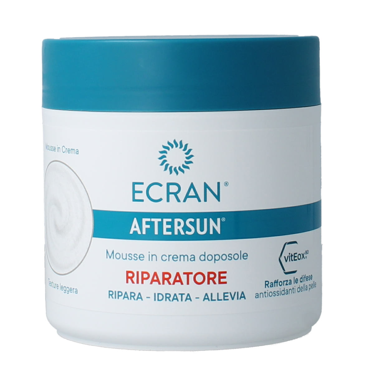 Ecran Aftersun mousse repair in a 350ml bottle, soothing and hydrating sunburn relief for skin recovery after sun exposure.