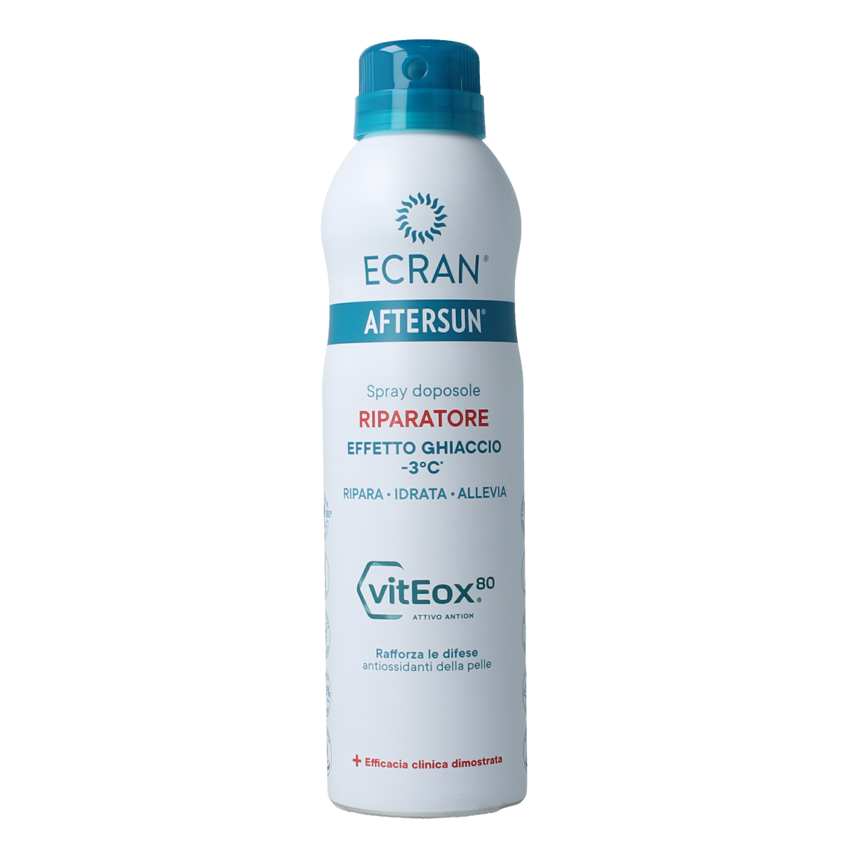 Ecran Aftersun Repair Aerosol 250ml bottle with spray nozzle for soothing sun-exposed skin, labeled "Zonnen" on the packaging.