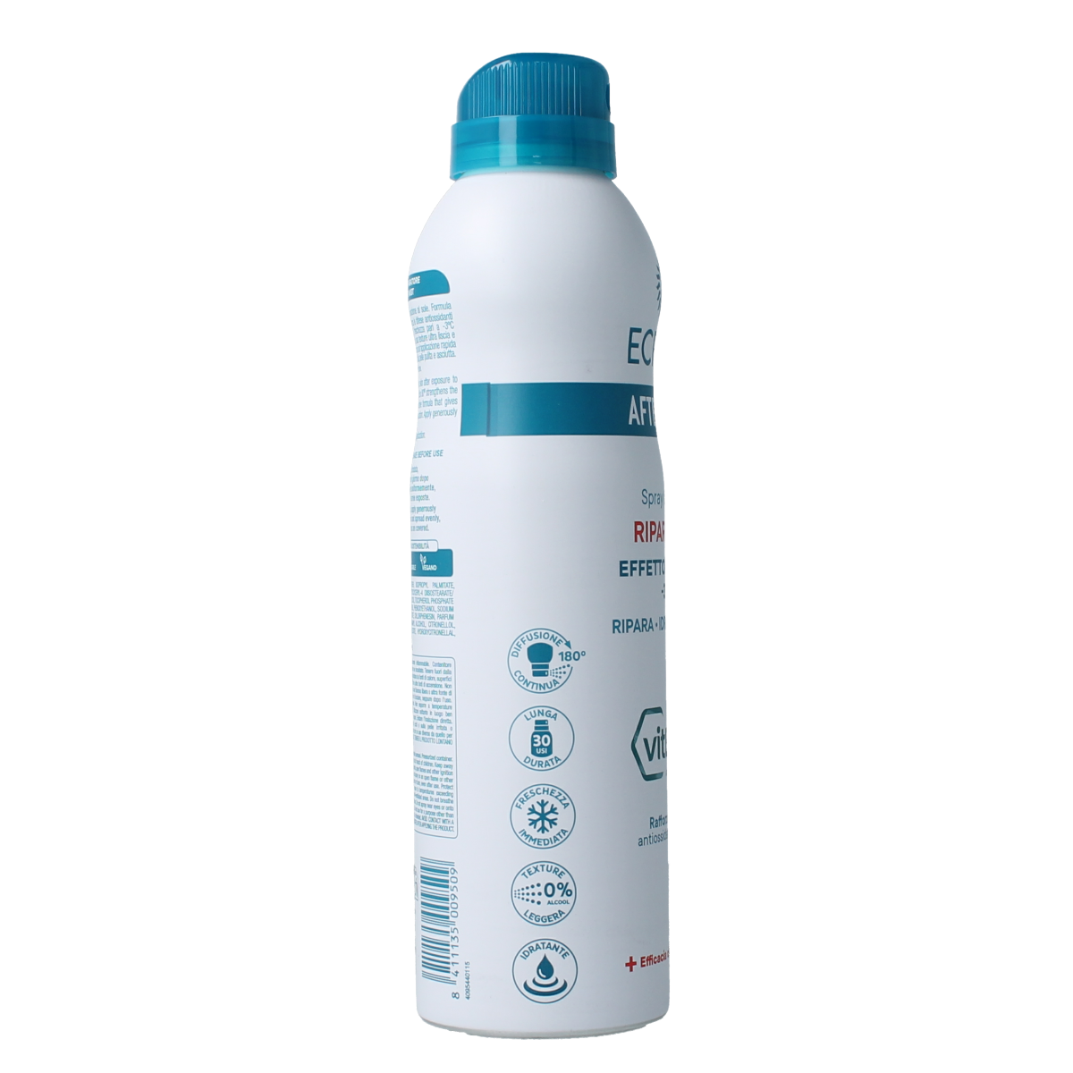 Ecran Aftersun Repair aerosol bottle, 250ml, for soothing sun-exposed skin, with calming ingredients and easy spray application.