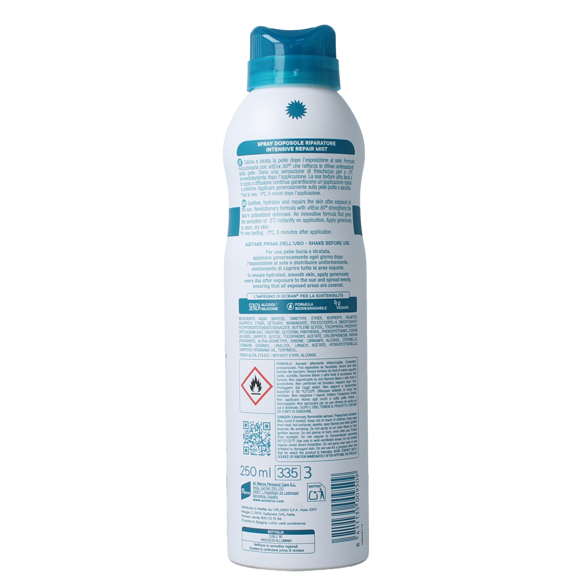 Ecran Aftersun Repair aerosol spray in 250ml bottle, soothing sunburned skin after sun exposure, branded skincare product.