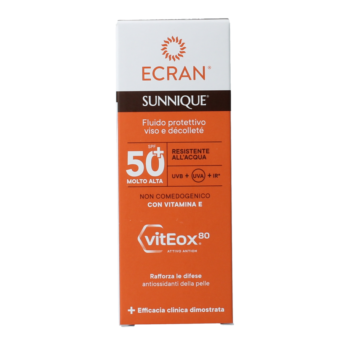Ecran Sunique SPF50 facial and décolleté sunscreen in 50ml tube, broad-spectrum sun protection for face and neck.
