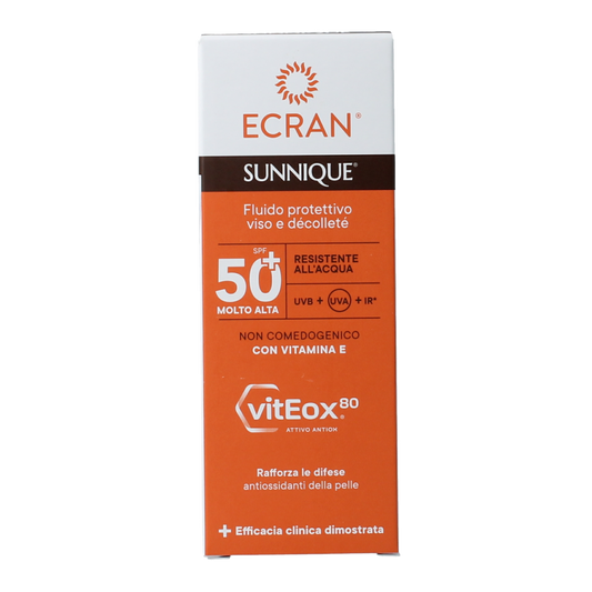 Ecran Sunique SPF50 facial and décolleté sunscreen in 50ml tube, broad-spectrum sun protection for face and neck.