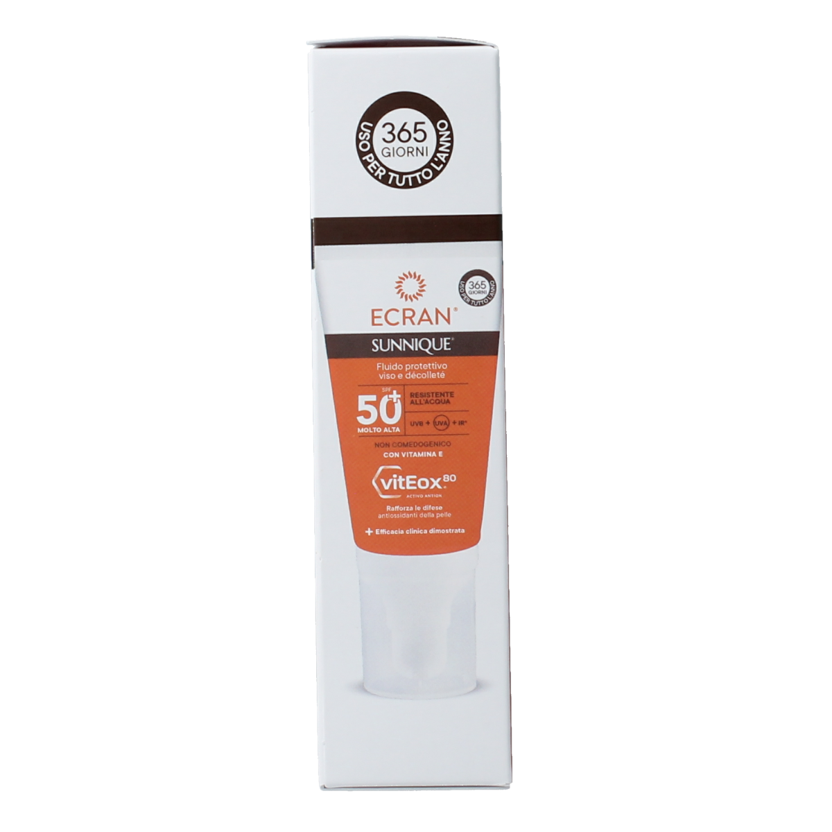 Ecran Sunique SPF50 facial and décolleté sunscreen in 50ml tube, protecting skin from sun damage with high SPF.