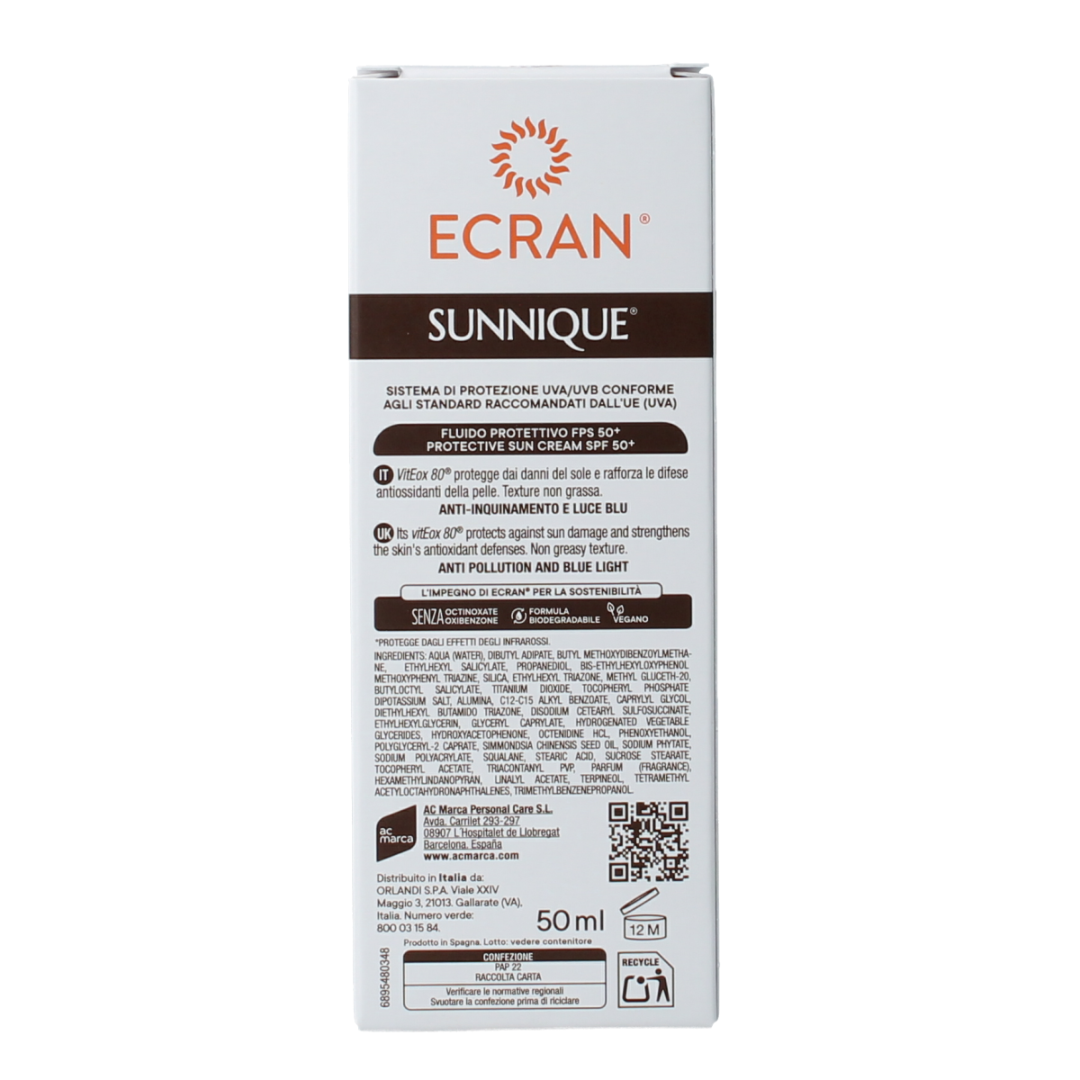 Ecran Sunique SPF50 facial and décolleté suncreen in 50ml tube, protecting skin from UV rays.