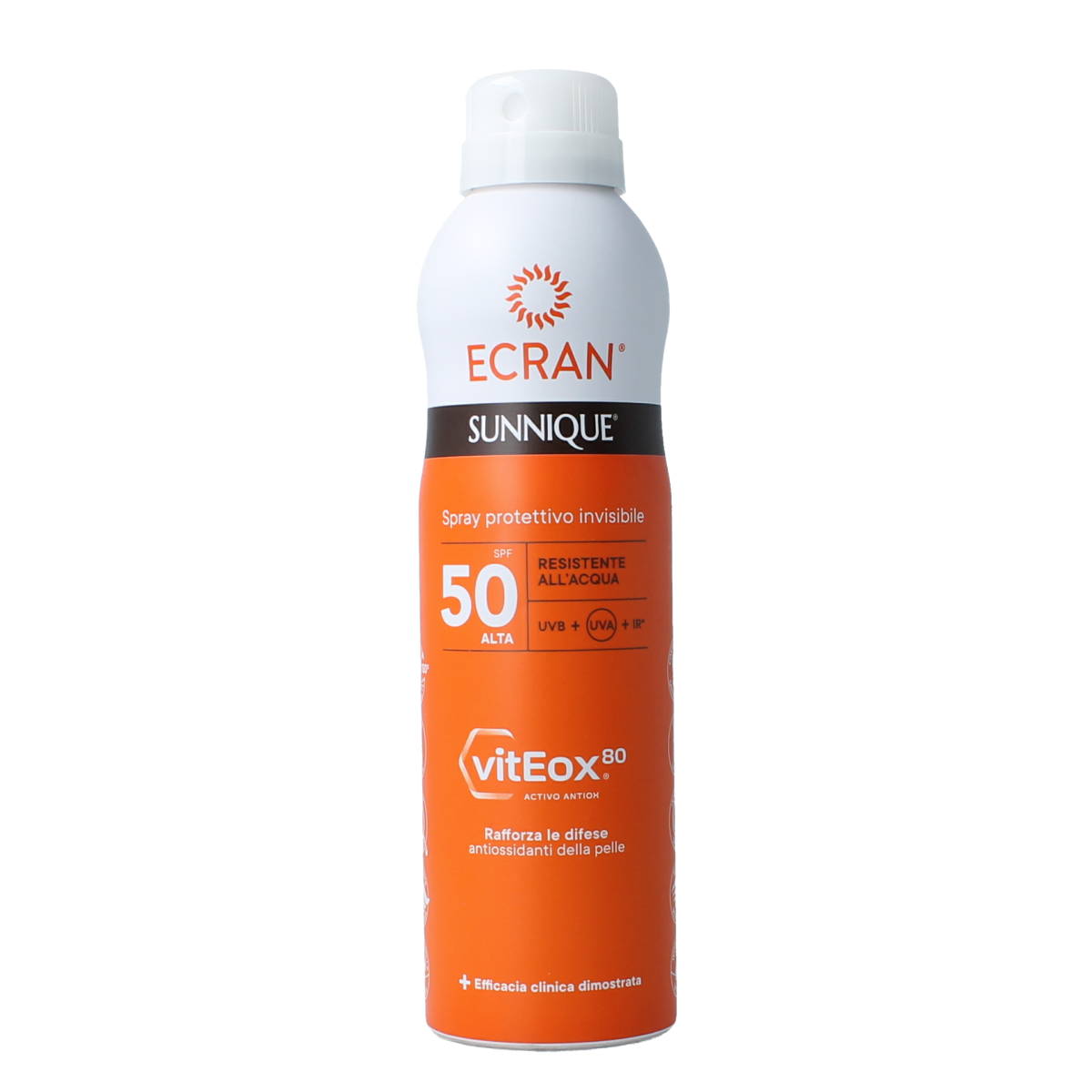 Ecran Sunique invisible spray SPF50, 250ml, a sun protection sunscreen in a clear spray bottle.