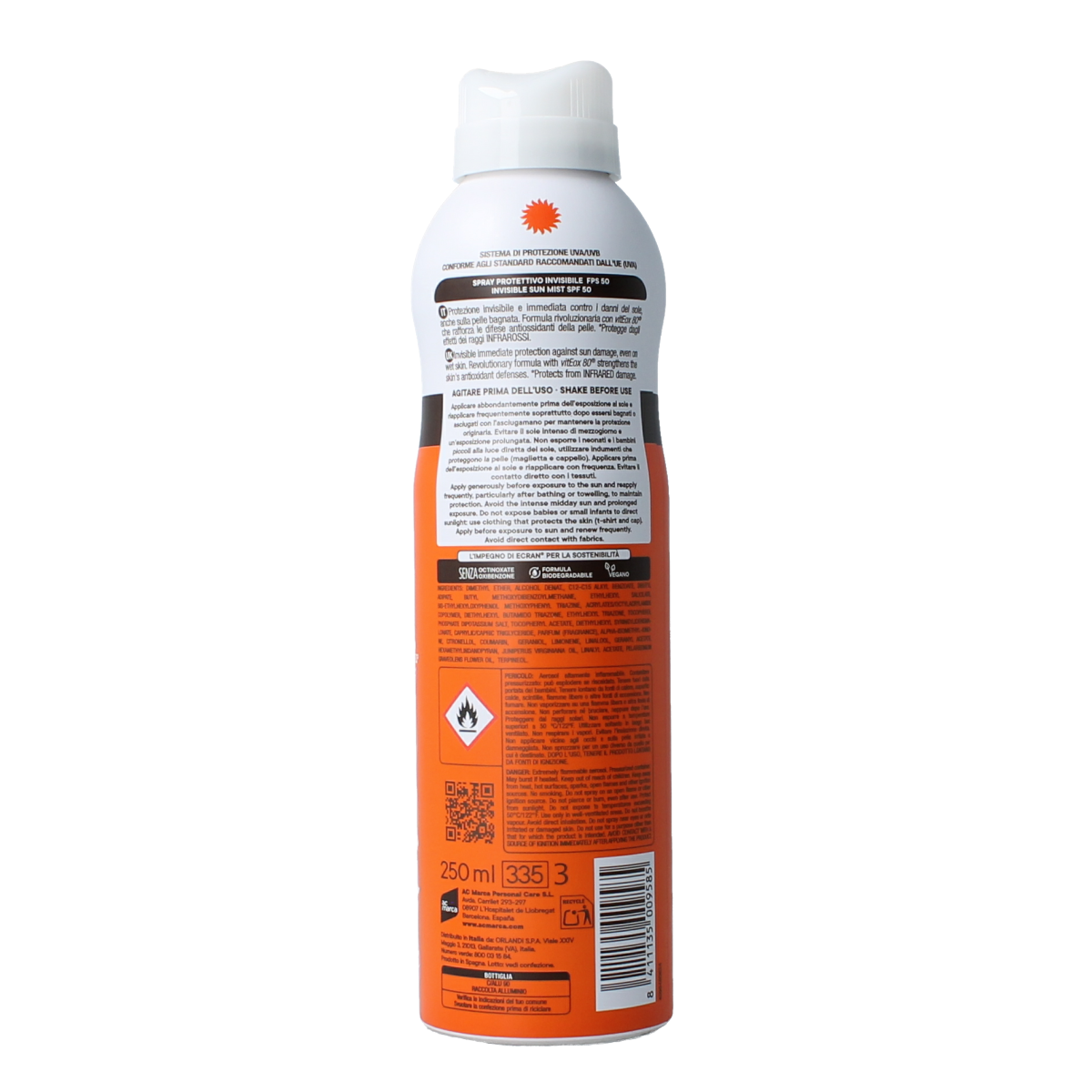 Ecran Sunique invisible spray SPF 50 sunscreen in a 250ml bottle, sun protection for all skin types, easy to apply and absorb.