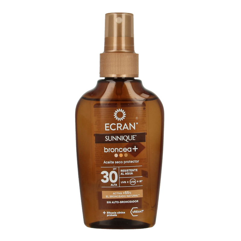 Ecran Sunnique aceite broncea+ SPF30 sun tanning oil bottle, 100ml, with label and cap visible.