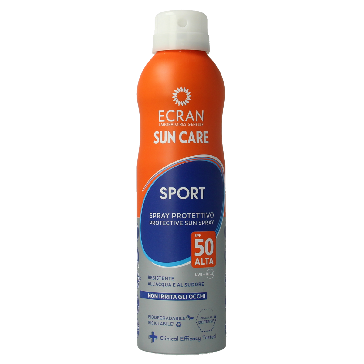Ecran Sun Milk Spray Invisible Sport SPF50 bottle, 250ml, showing the sunscreen spray for outdoor sports protection