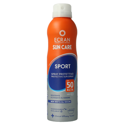 Ecran Sun Milk Spray Invisible Sport SPF50 bottle, 250ml, showing the sunscreen spray for outdoor sports protection