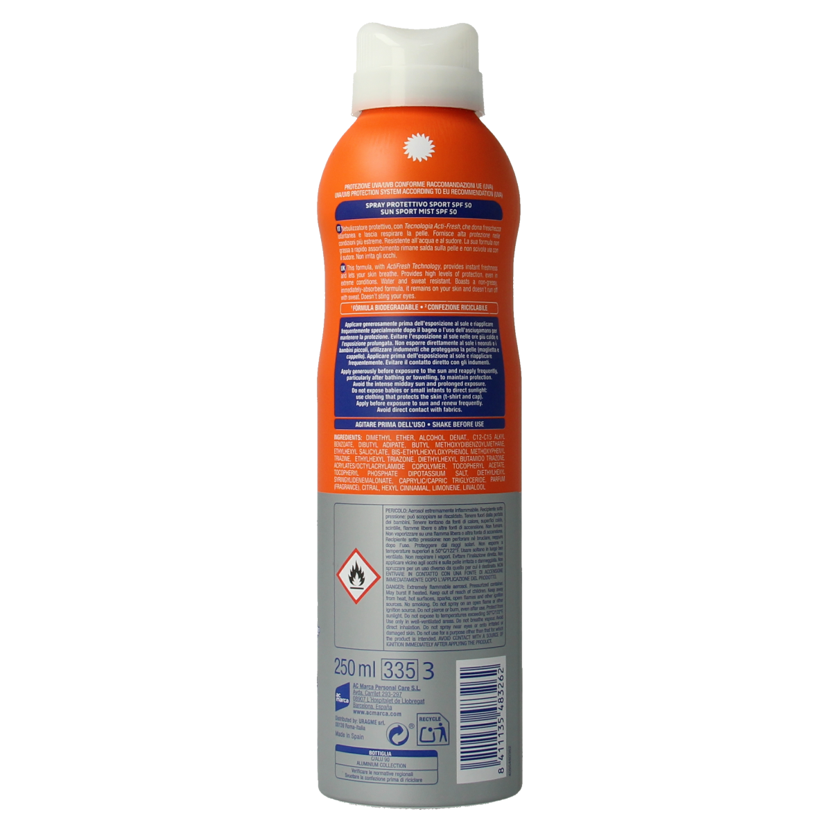 Ecran Sun Milk Spray Invisible Sport SPF50 sunscreen bottle, 250ml, with easy-to-apply spray for outdoor protection
