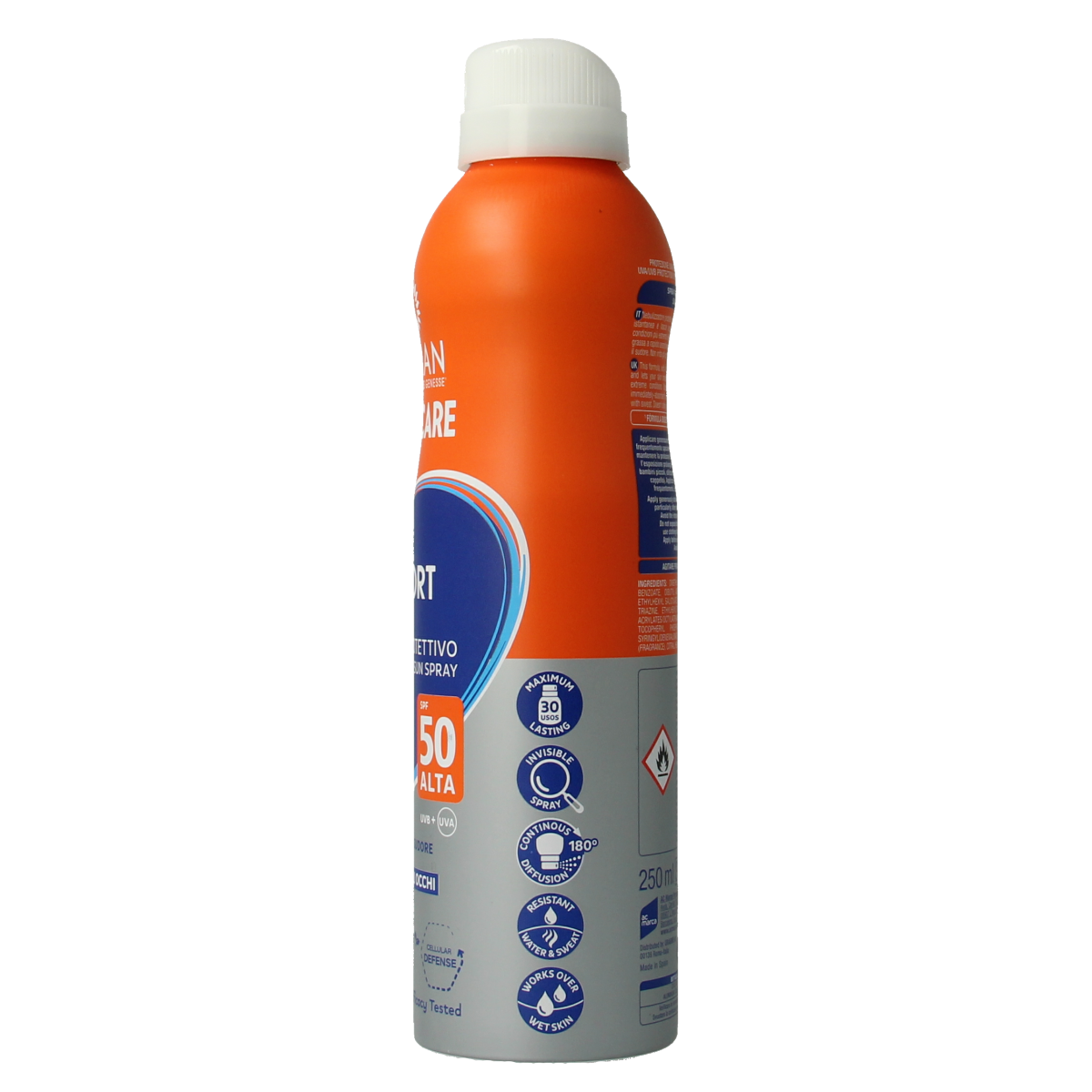 Ecran Sun Milk Spray Invisible Sport SPF50 sunscreen in 250ml bottle, waterproof sun protection for active outdoor use