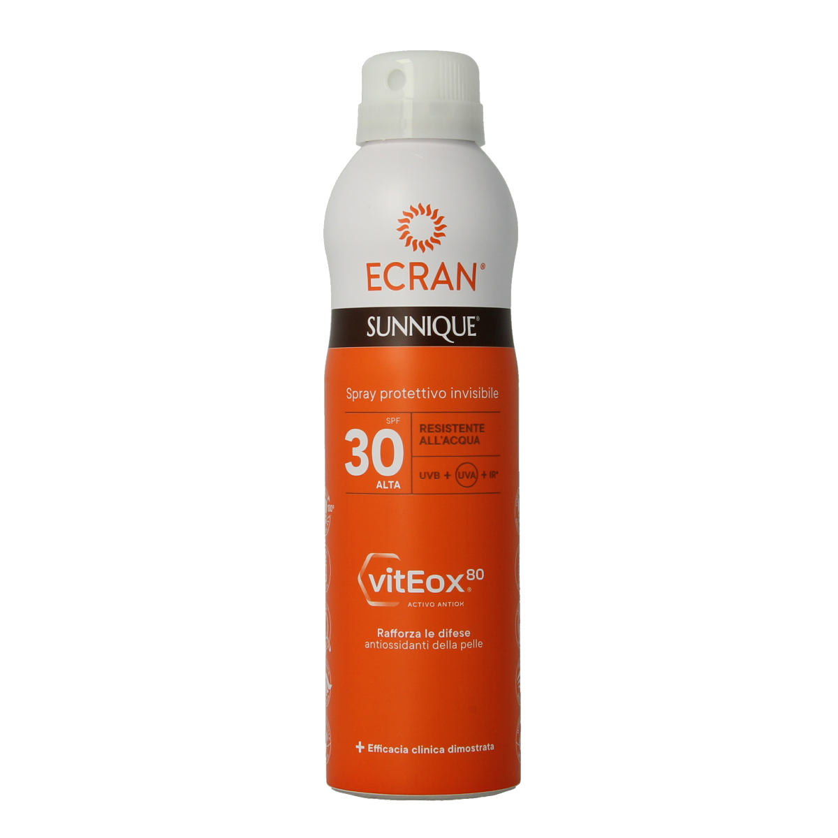 Ecran Sun Care Invisible Spray SPF30 in a 250ml bottle, sun protection product with a clear, aerosol spray nozzle.