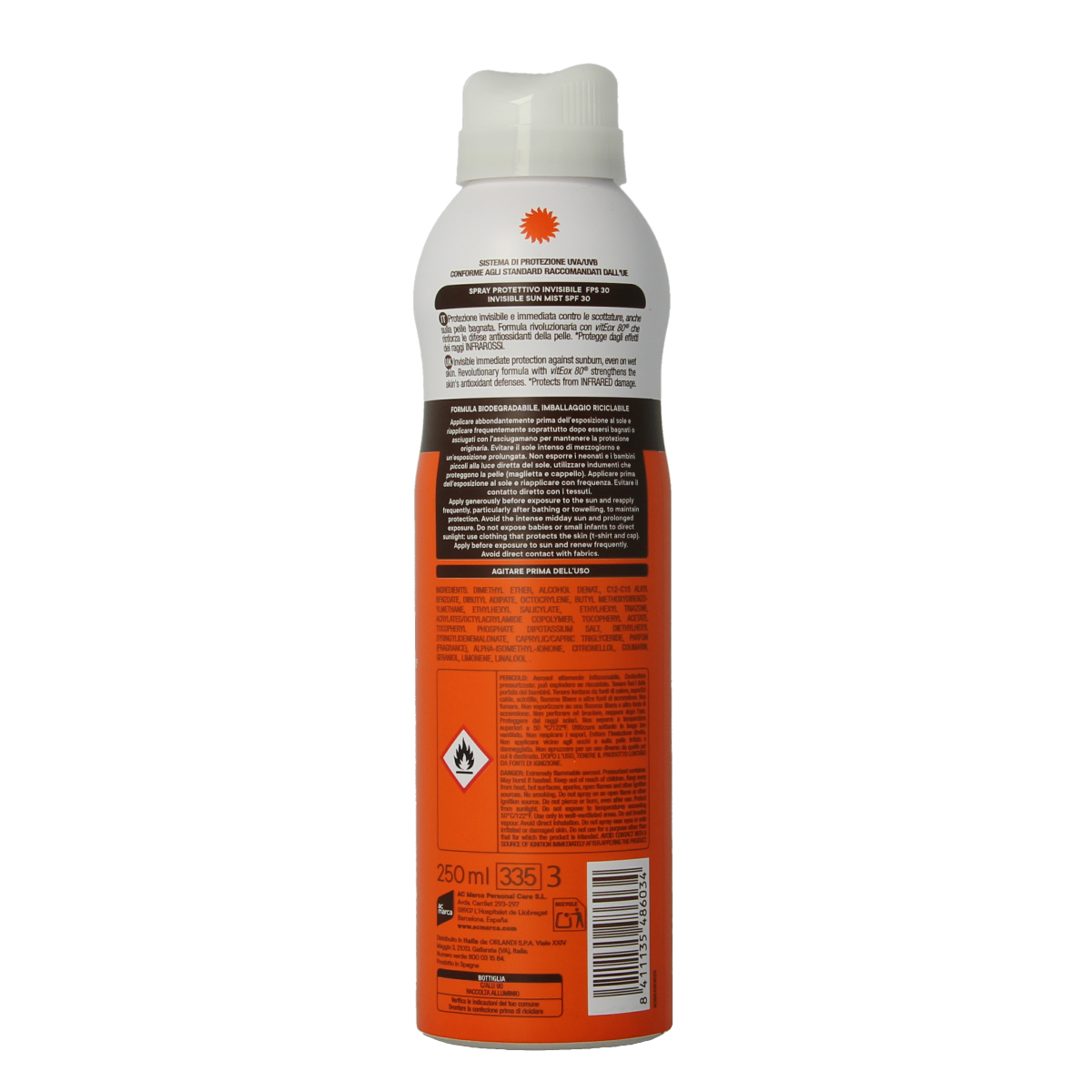 Ecran Sun Care Invisible Spray SPF30 in 250ml bottle, sun protection product with a transparent spray nozzle and sleek design.