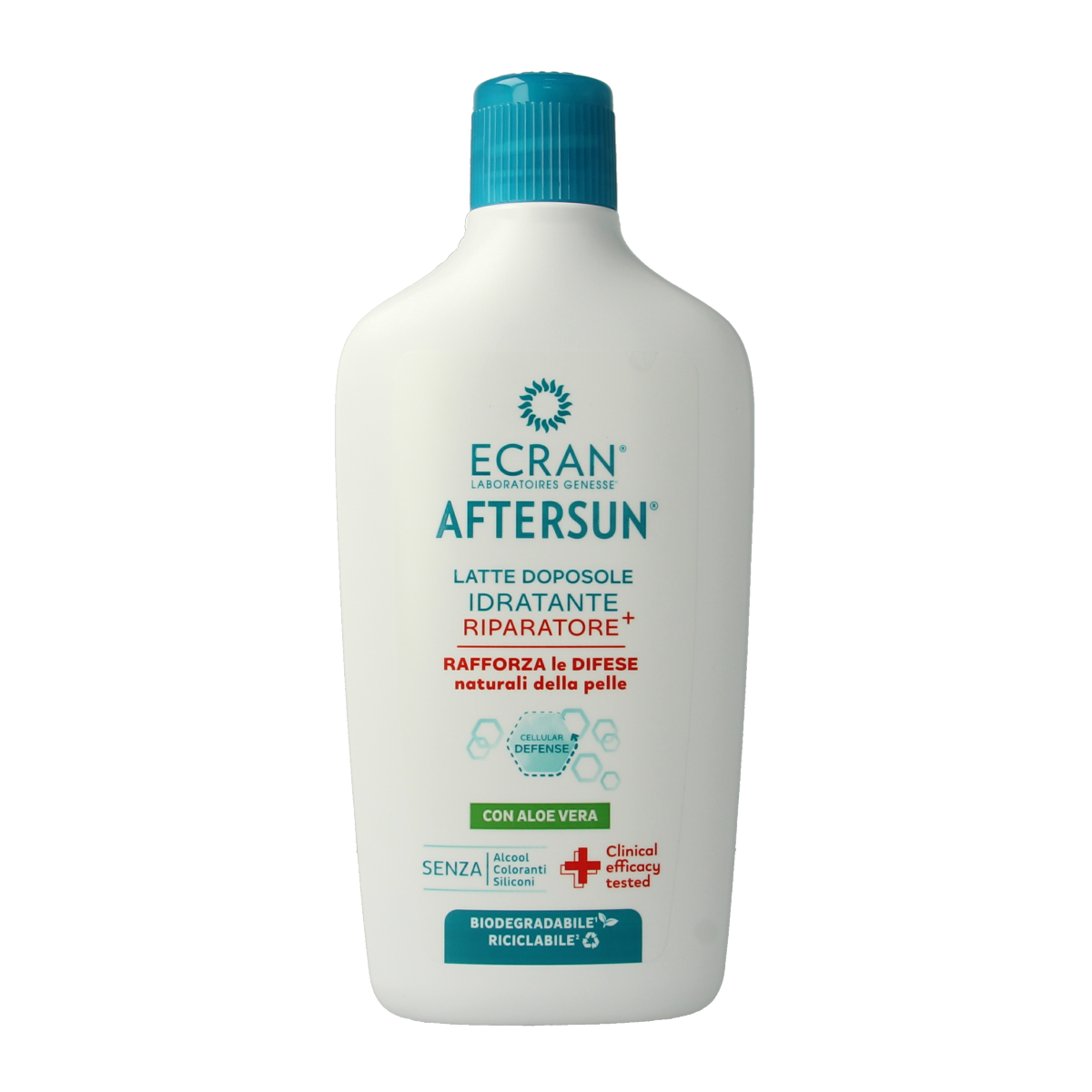 Ecran Aftersun melk with aloe vera, hydrating and calming sun lotion in a 400ml bottle for soothing sun-exposed skin.