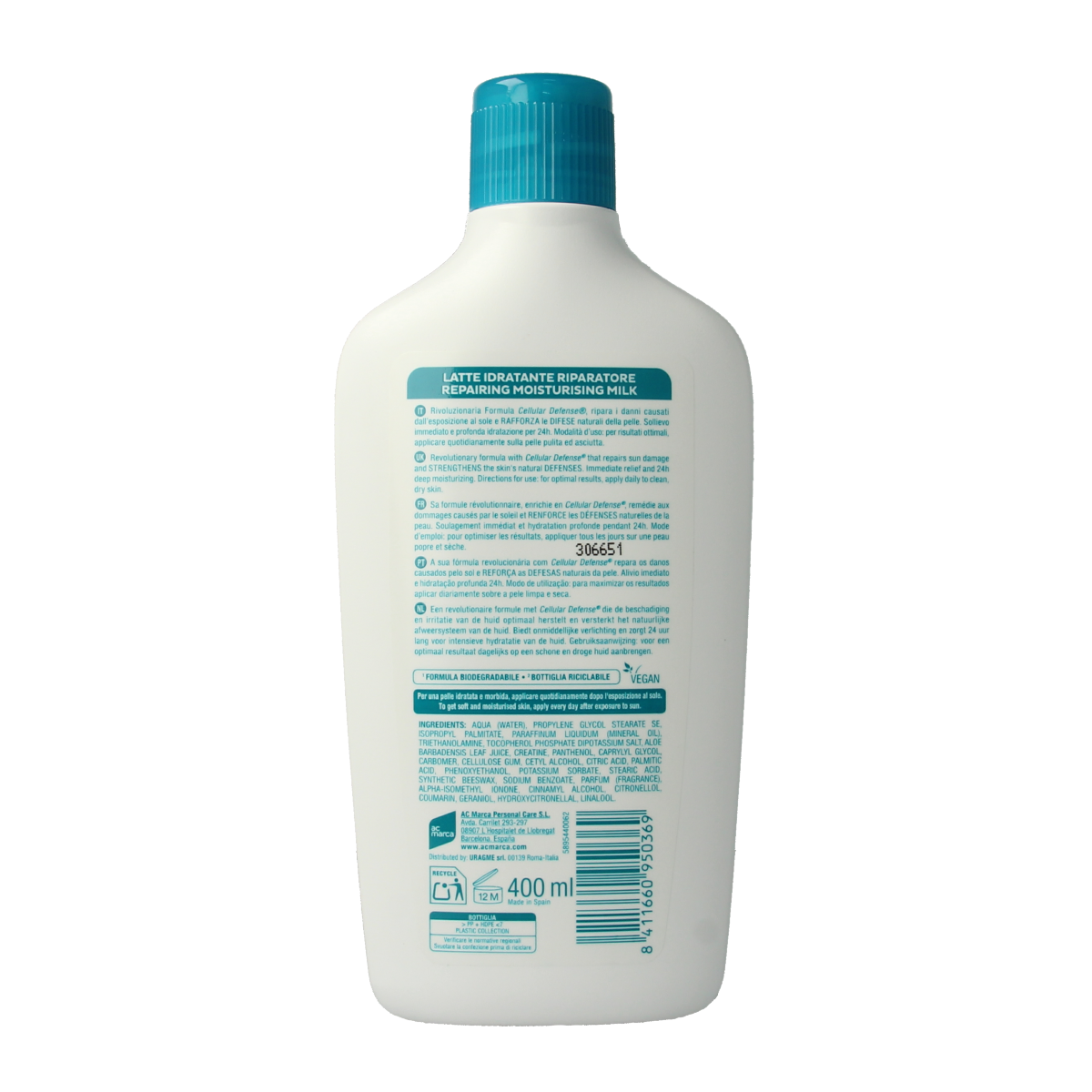 Ecran Aftersun melk with aloe vera, hydrating and soothing sun lotion in a 400ml bottle, for calming sun-exposed skin.