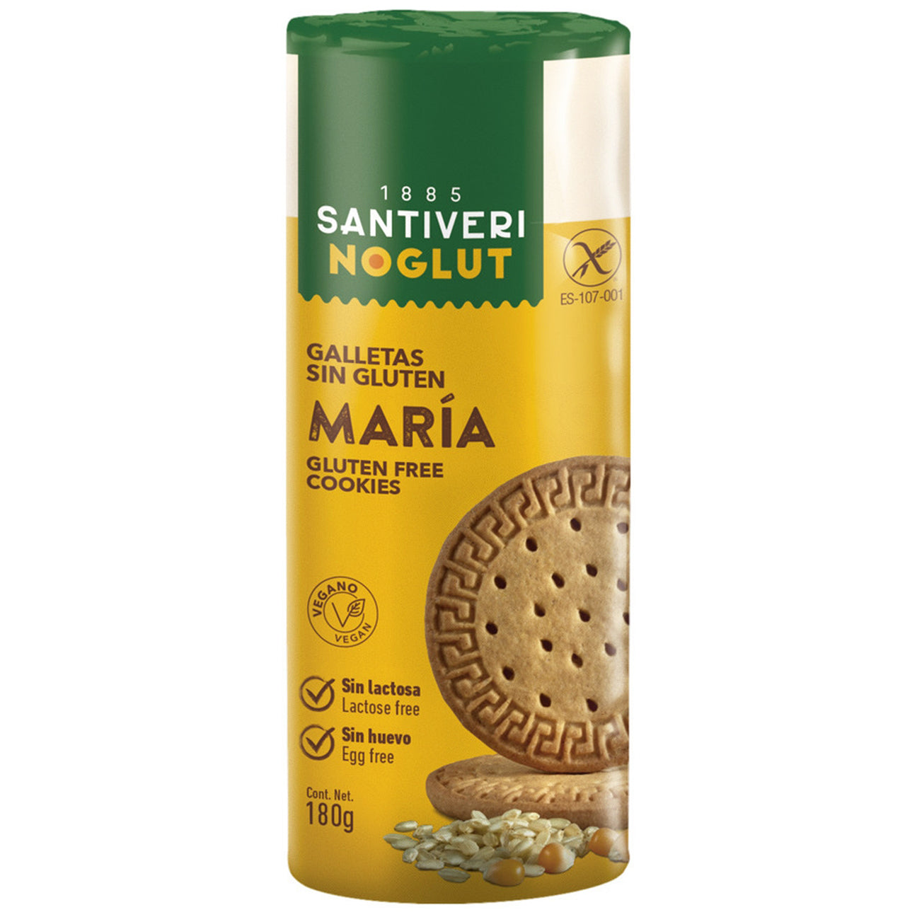 Gluten-free Santiveri Maria biscuits box, 180 grams, featuring golden, round koeken with traditional Maria biscuit design.