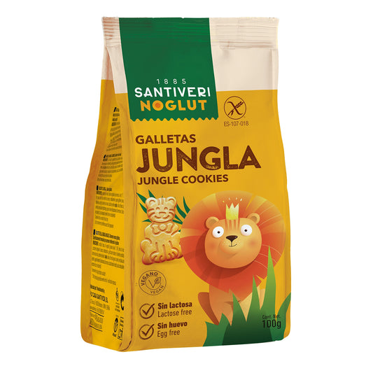 Santiveri Jungle koekjes naturel glutenvrij, 100g, close-up of gluten-free cookies in a package, showing the product label.