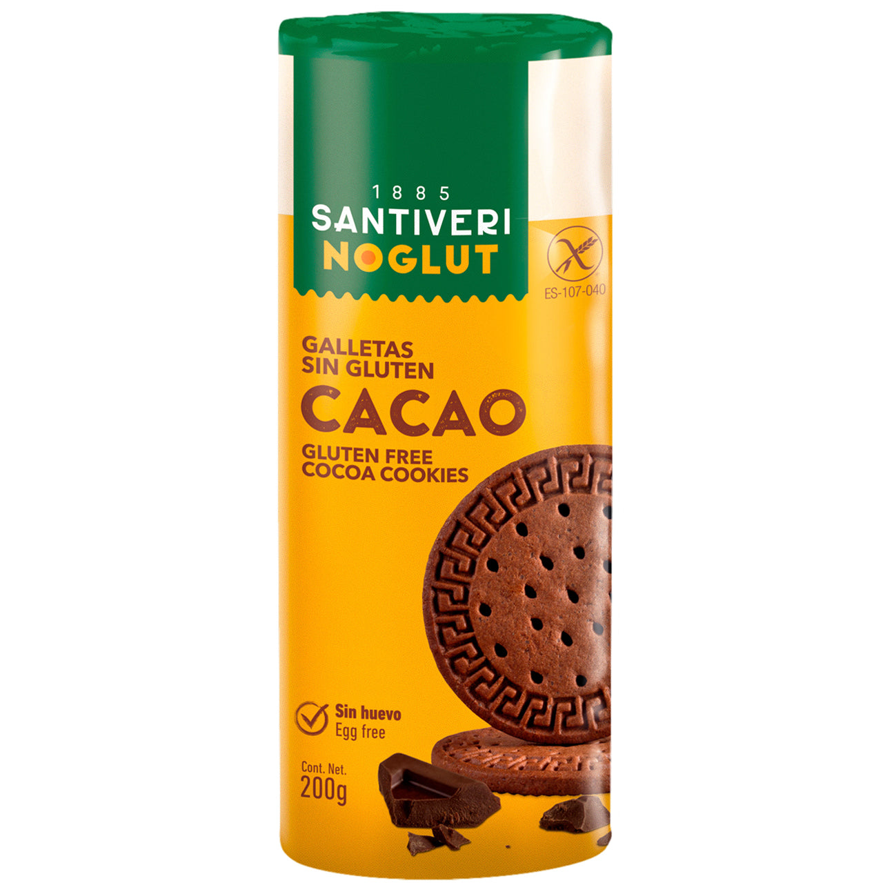 Santiveri gluten-free digestive cacao cookies on a white plate, showing the dark chocolate-colored koeken with cacao flavor.