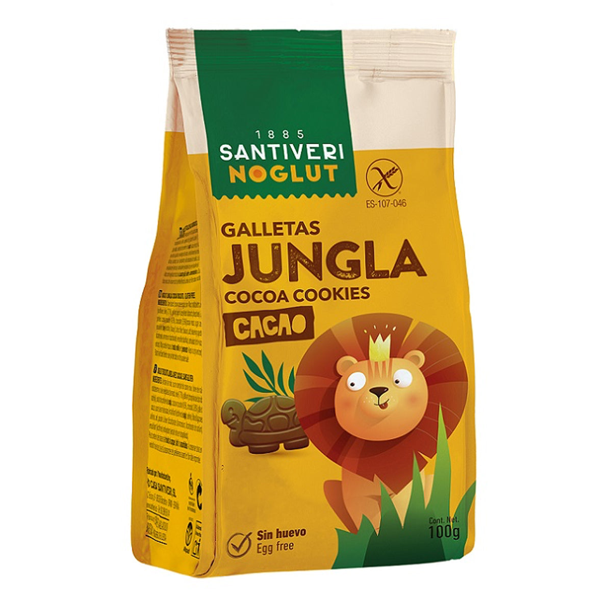 Santiveri Jungle koekjes cacao, gluten-free cookies in 100g package with chocolate flavor, shown in a natural setting.