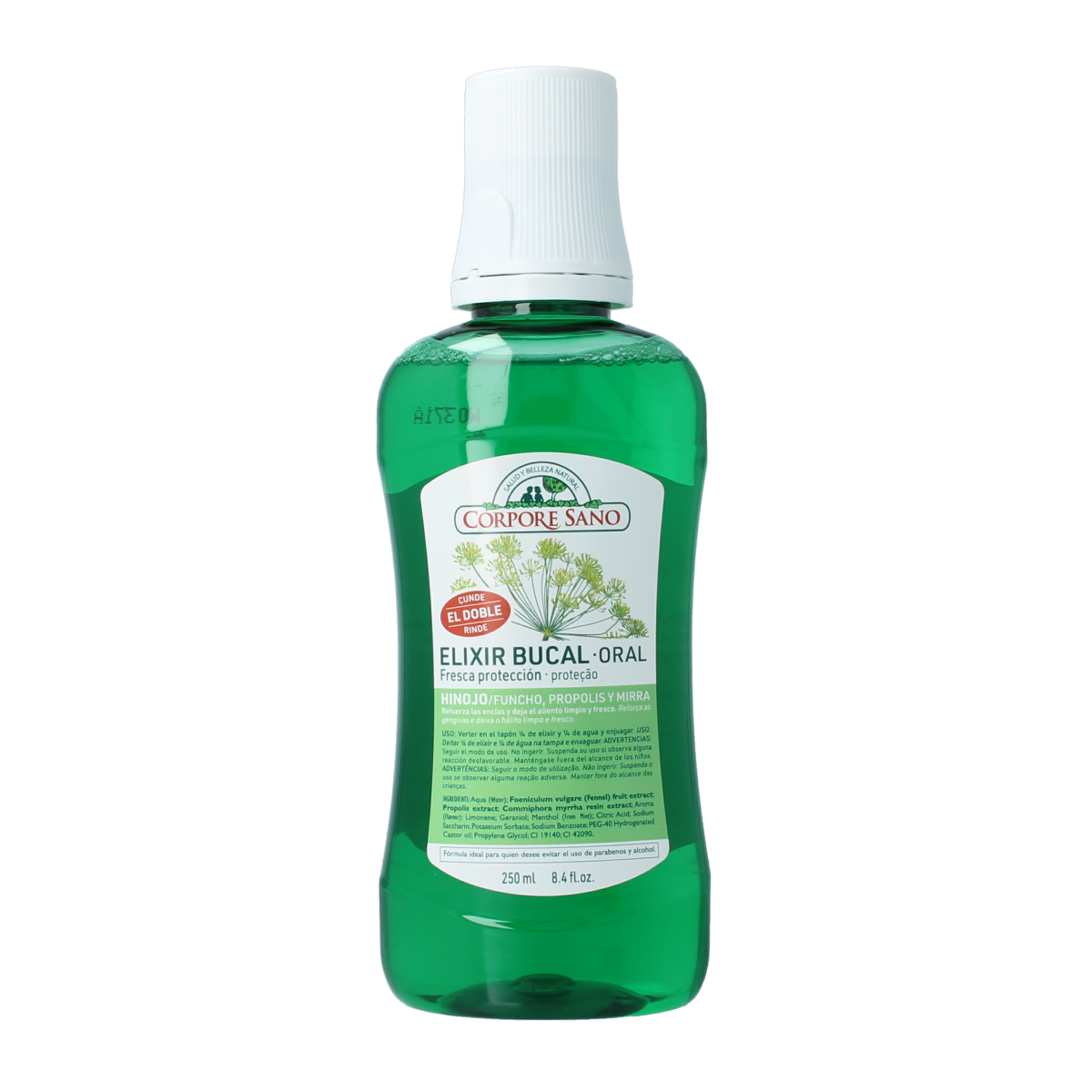 Corpore Sano Propolis mouthwash bottle, 250ml, in a clear plastic container with label, for oral hygiene and fresh breath.