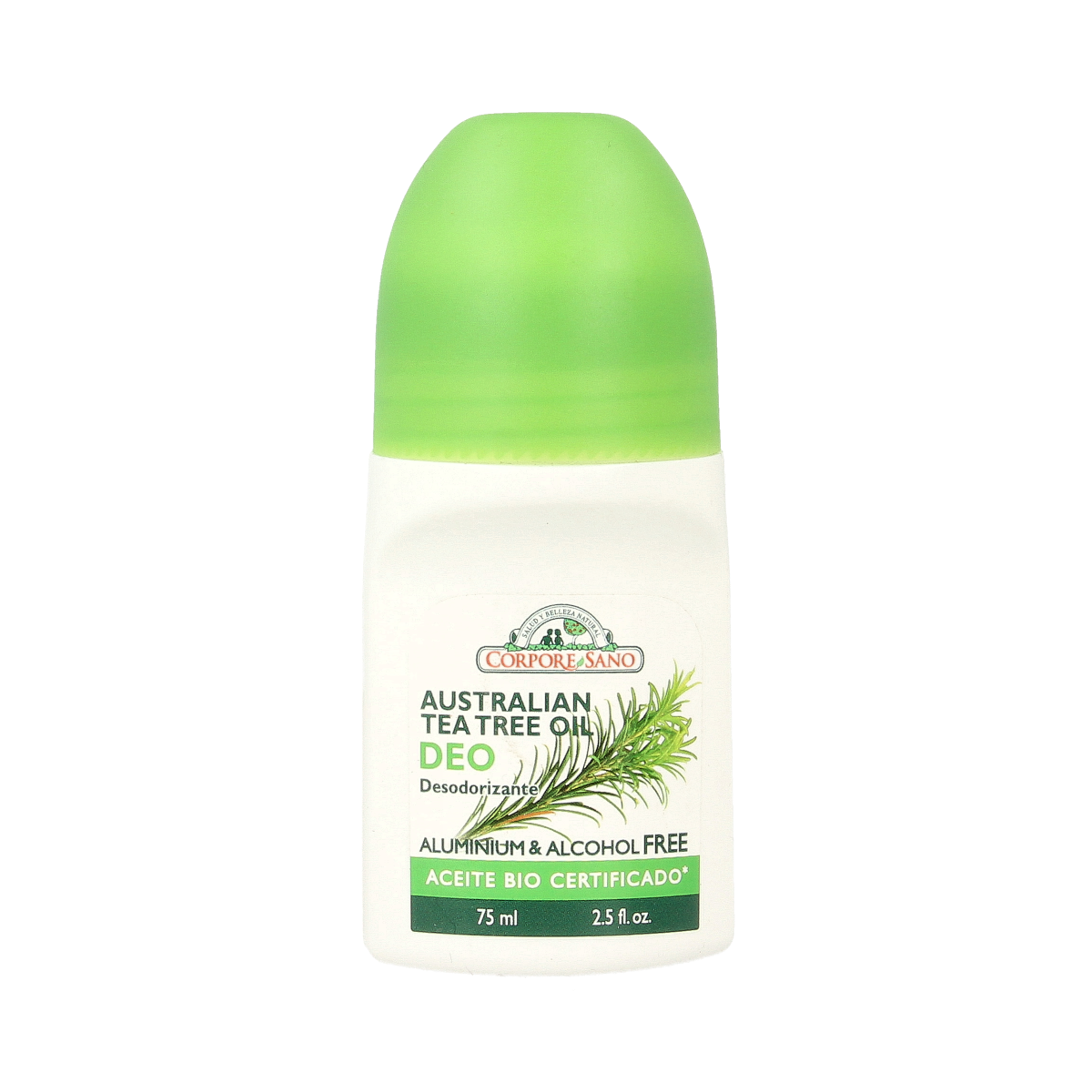 Corpore Sano tea tree deodorant roller bottle, 75ml, natural deodorant for fresh, clean underarm scent.