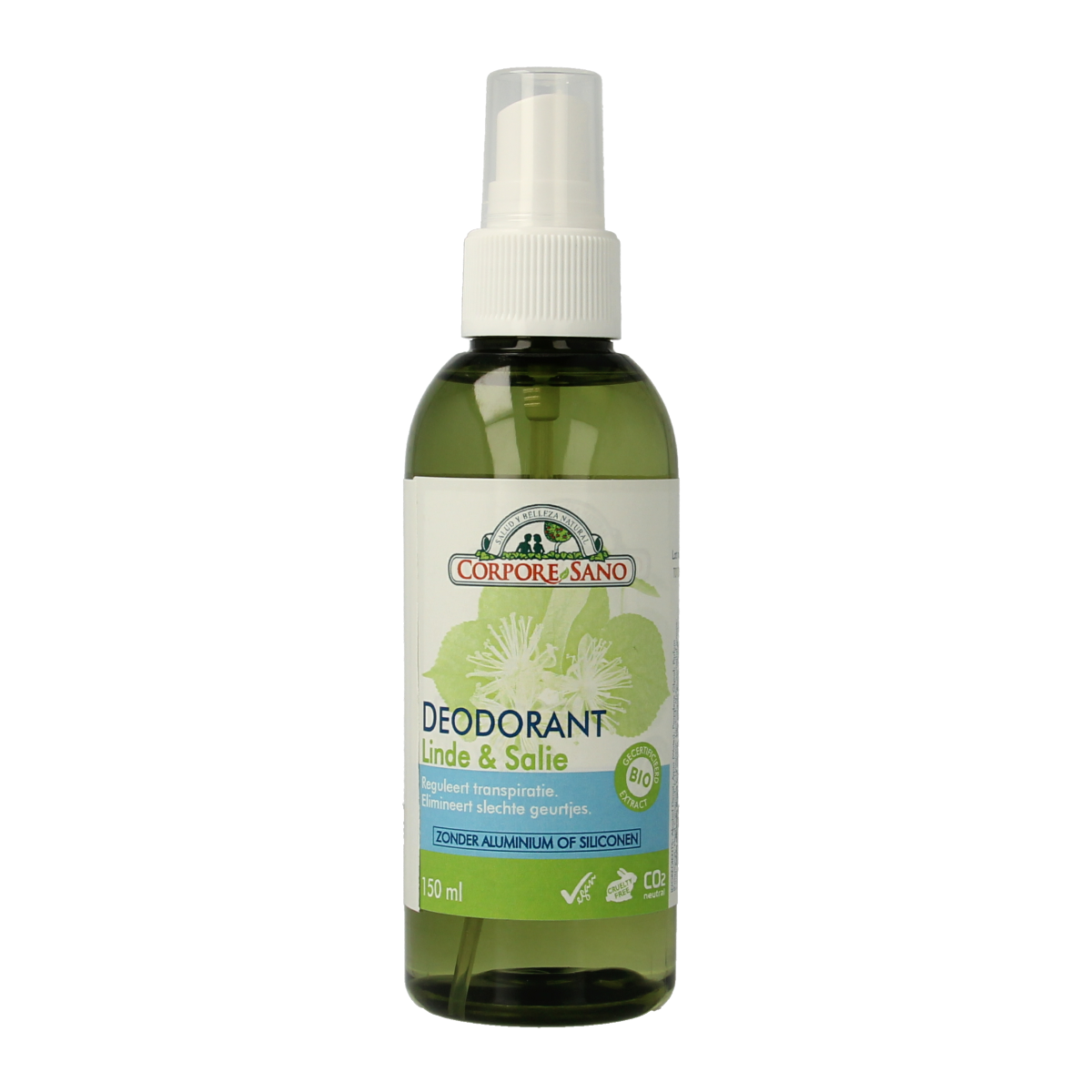Corpore Sano deodorant spray with sage and linden in a 150ml bottle, featuring a sleek design and spray nozzle.