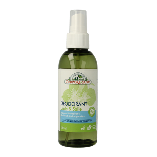 Corpore Sano deodorant spray with sage and linden in a 150ml bottle, featuring a sleek design and spray nozzle.