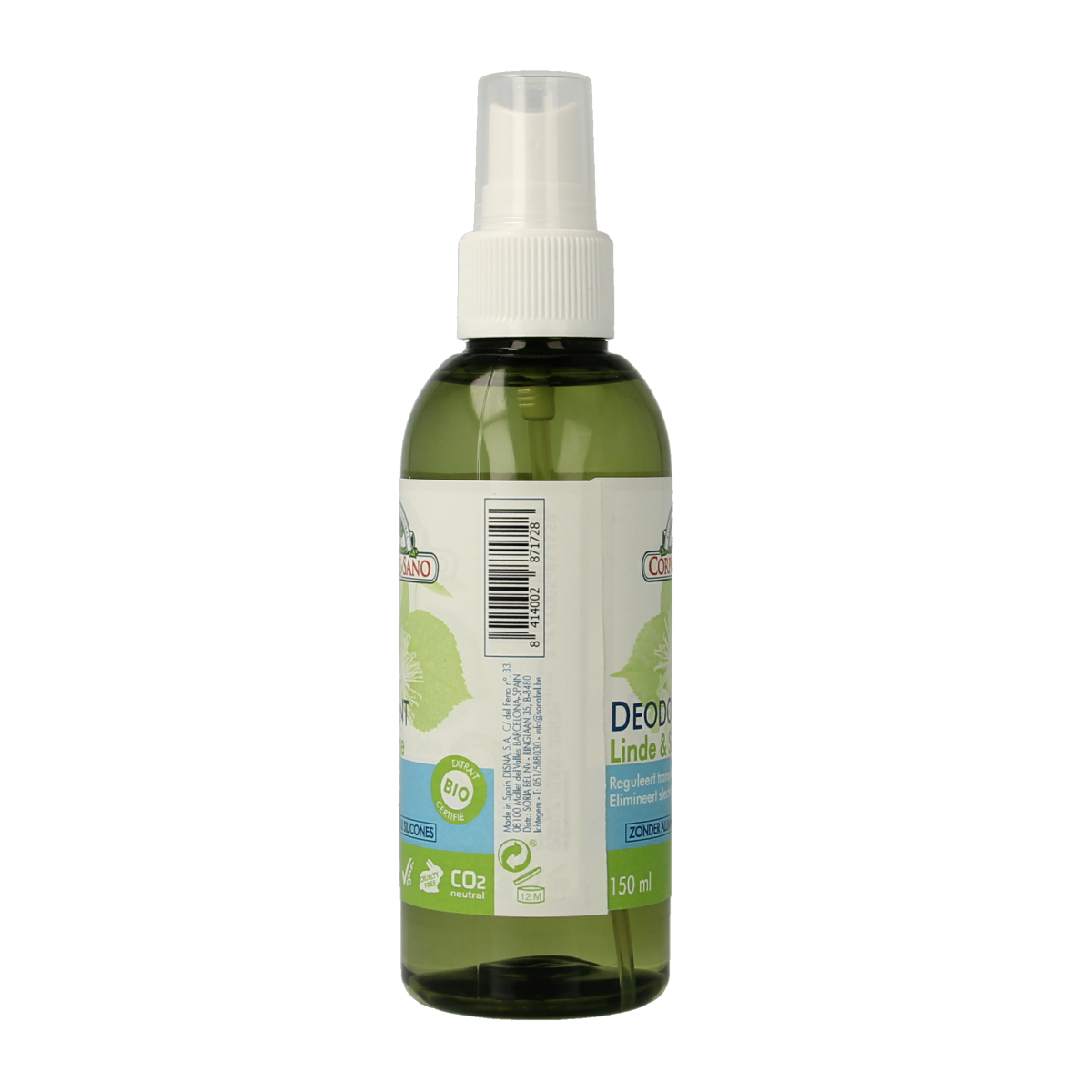 Corpore Sano salie en linde deodorant spray bottle, 150ml, with a sleek design and label visible.