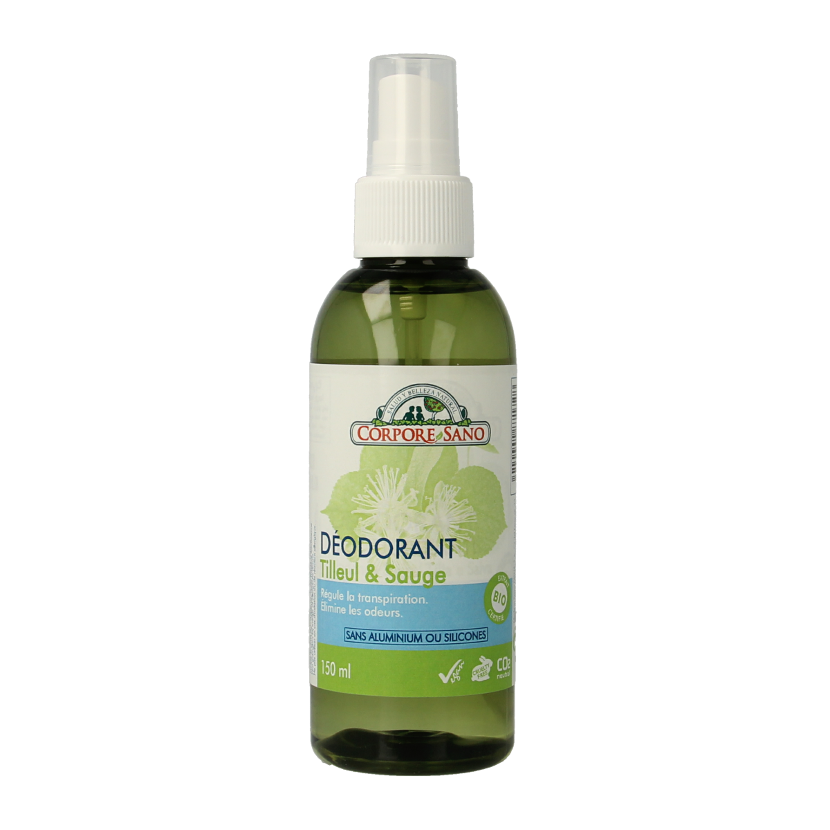 Corpore Sano deodorant spray with sage and linden in 150ml bottle, featuring a sleek design and spray nozzle.