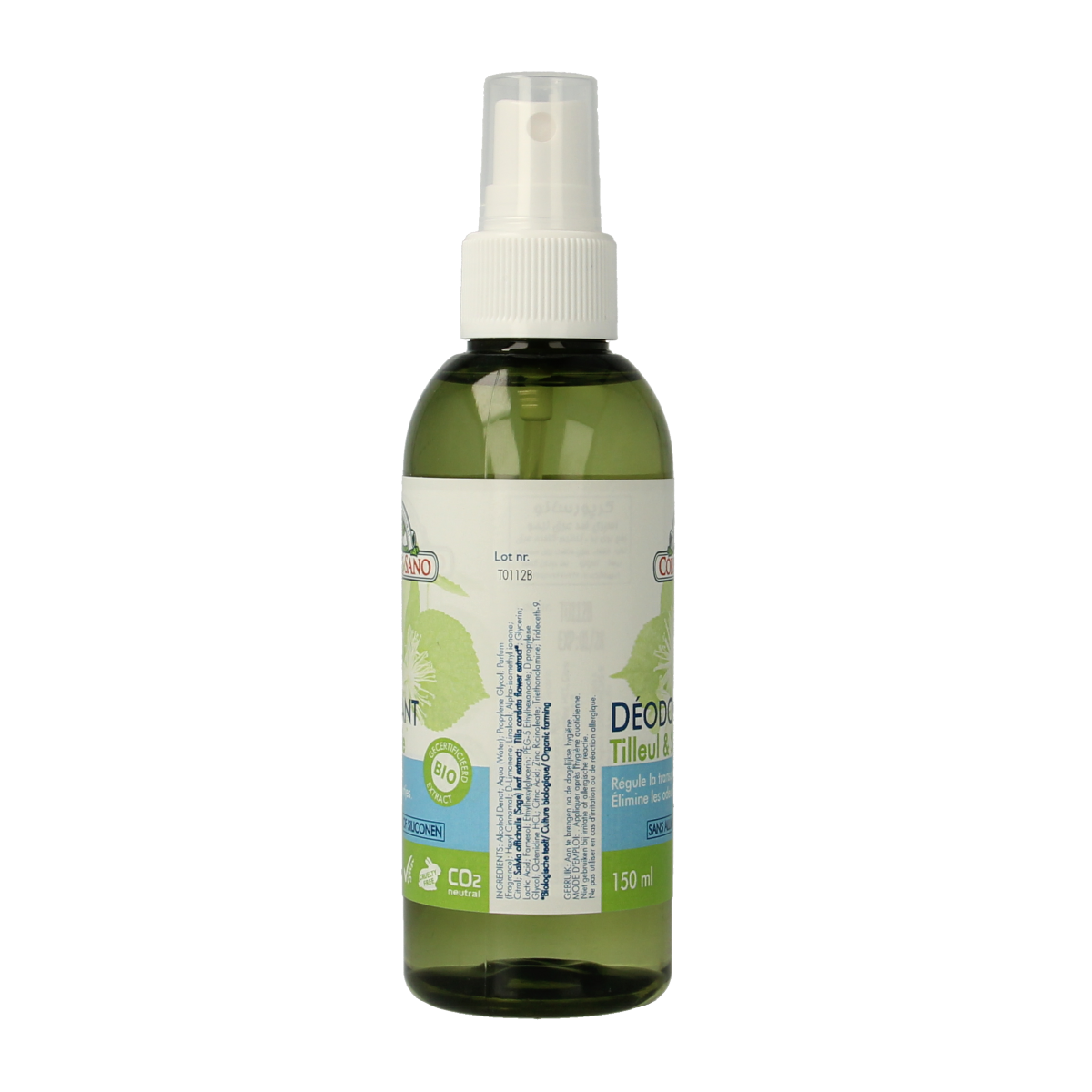 Corpore Sano salie en linde deodorant spray bottle, 150ml, with silver cap and spray nozzle, on plain background.
