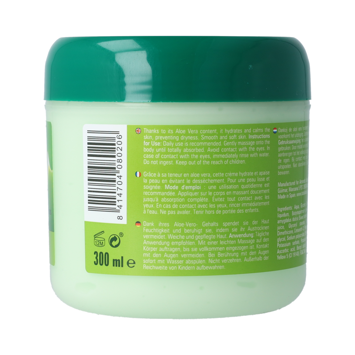 Taibabaloe Aloe Cream for face and body, 300ml, moisturizing skincare product with aloe vera in a white tube.