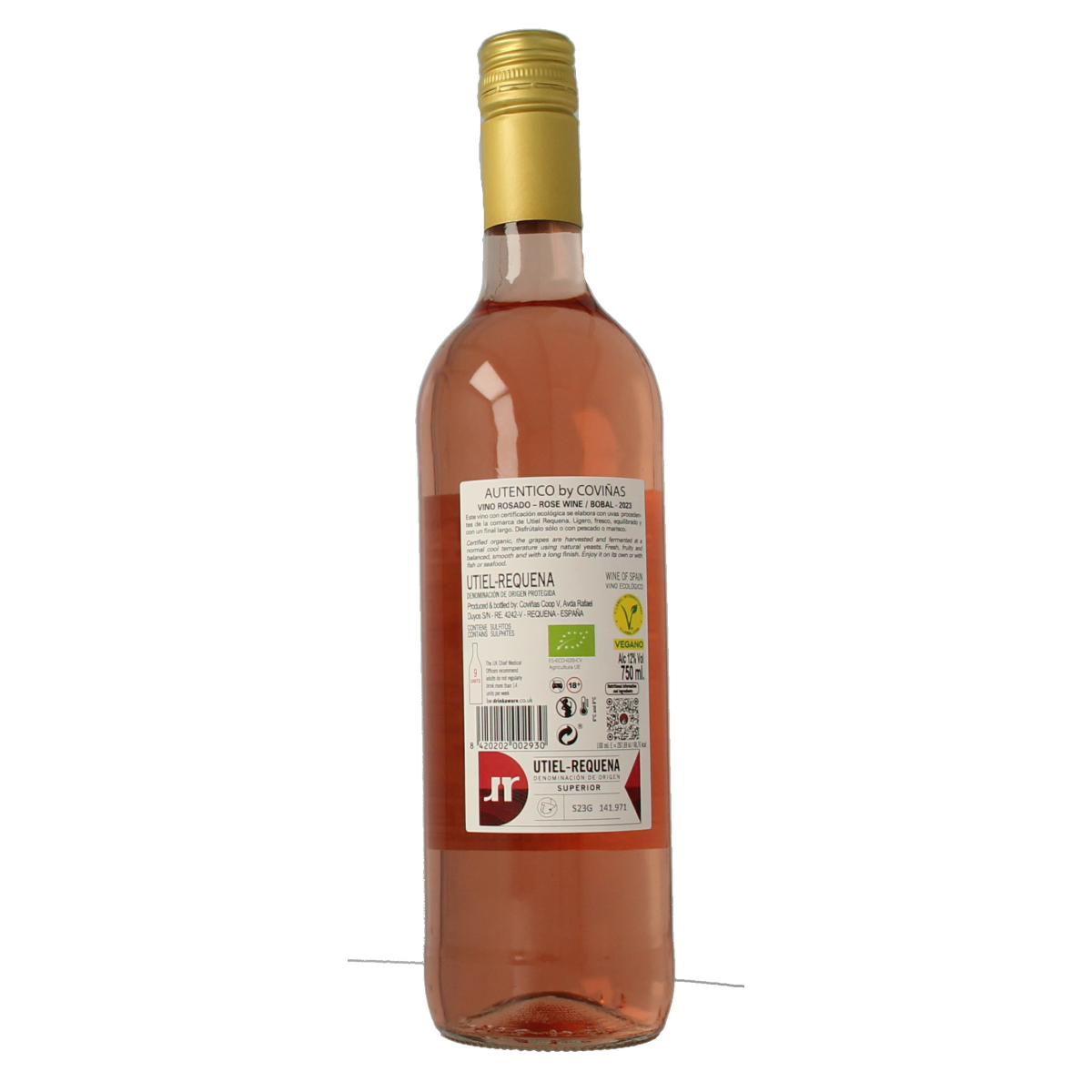 Autentico Bobal rosado organic pink wine in a 750ml bottle, showcasing a glass of rosé with a light pink hue.