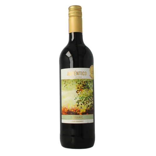 Autentico Bobal Tempranillo organic red wine in 750ml bottle, showcasing deep red color and elegant label.