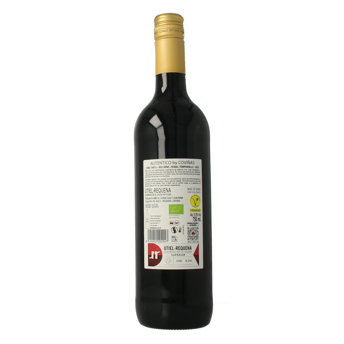 Autentico Bobal Tempranillo organic red wine in a 750ml bottle, showcasing deep red color and label detail.
