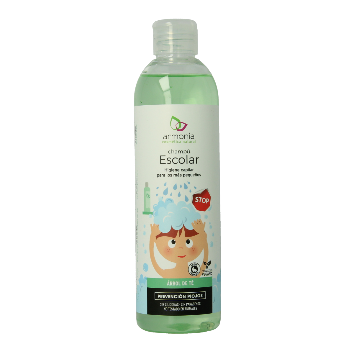 Armonia School shampoo for children, 300ml, gentle hair cleansing for kids with colorful packaging and playful design.